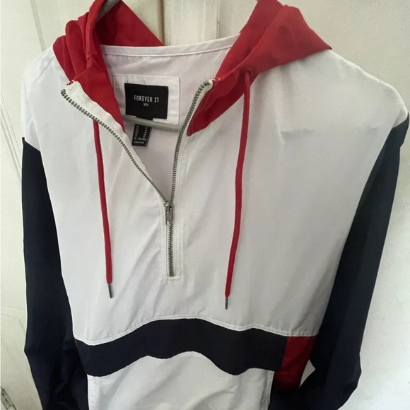 NWOT Forever 21 Men Pullover Red White Blue Hood Windbreaker Jacket Pullover Med - Picture 6 of 6